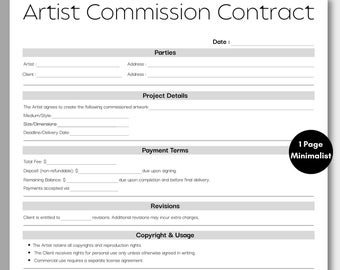 Minimalist Artist Commission Contract, Simple Agreement for Art Commissions Template, Printable & Editable Artwork Contract Instant Download