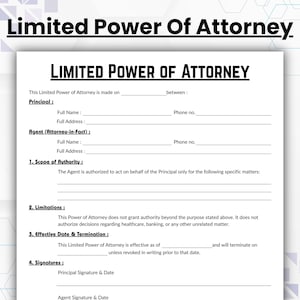 Editable Limited Power of Attorney Template, Single Page Standard POA, Printable Finance Property Sale Execution Agreement, Legal Form PDF