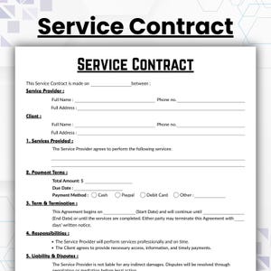 Peut inclure: Un formulaire de contrat de service noir et blanc avec le titre "Service Contract" en haut. Le formulaire comprend des sections pour le prestataire de services, le client, les services fournis, les conditions de paiement, la durée et la résiliation, les responsabilités et la responsabilité et les litiges.