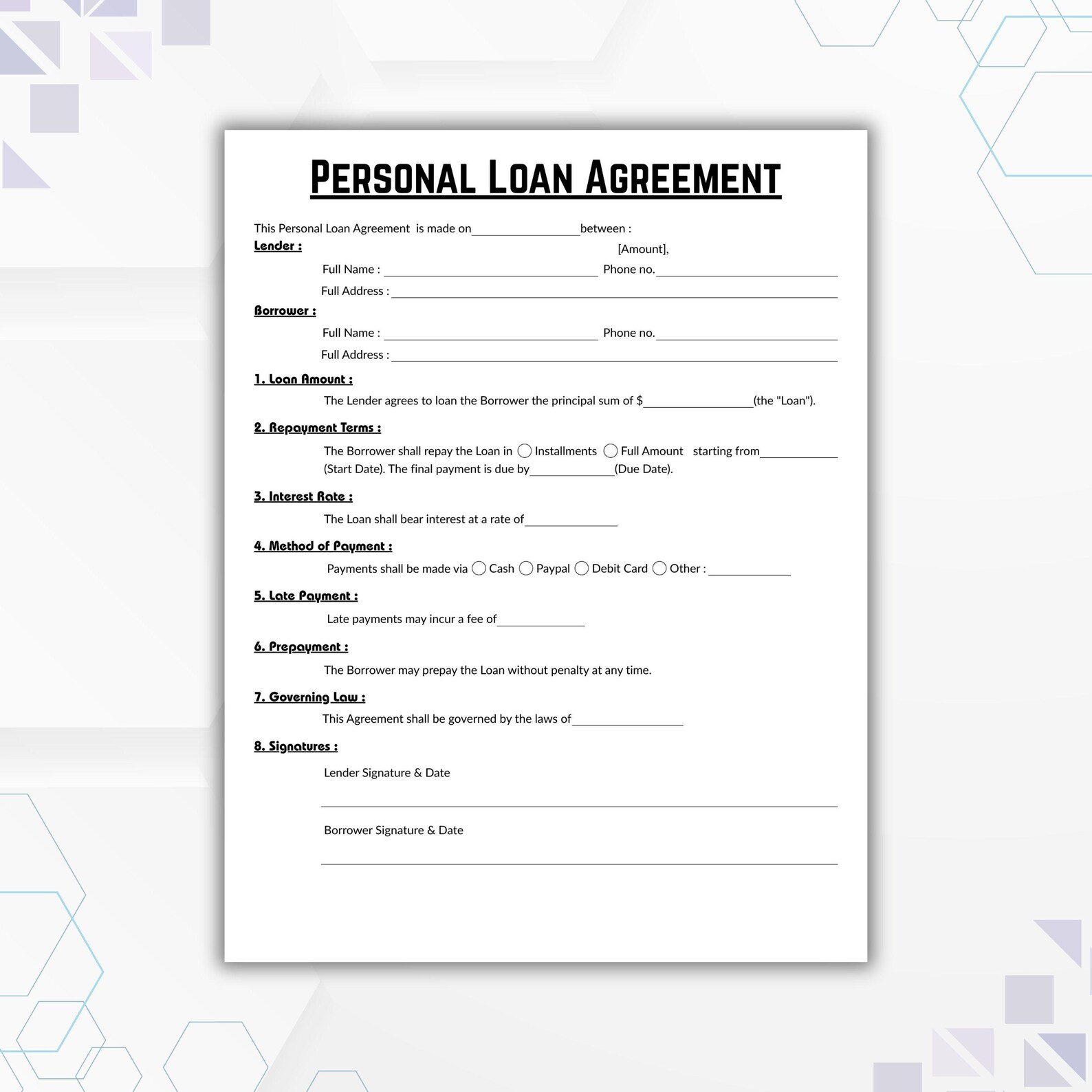 Editable Personal Loan Agreement Template, Single Page Loan Contract ...