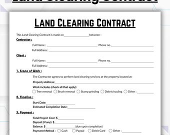 May include: A Land Clearing Contract form with the title "LAND CLEARING CONTRACT" in bold, black text. The form includes sections for contractor and client information, scope of work, timeline, payment details, and responsibilities. The background is white with a light blue and purple design.