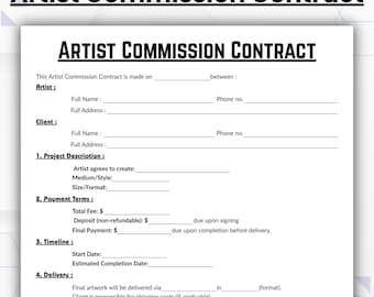 One Page Artist Commission Contract, Editable Agreement for Art Commissions Form Template Canva, Printable Artwork Contract Digital Download