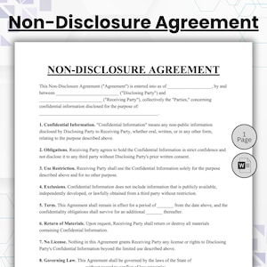 Peut inclure: Un document imprimé d'accord de non-divulgation comportant huit clauses numérotées, des lignes vides pour les noms des parties et les dates, ainsi qu'une icône circulaire indiquant un document Microsoft Word d'une page. Texte noir sur fond blanc.