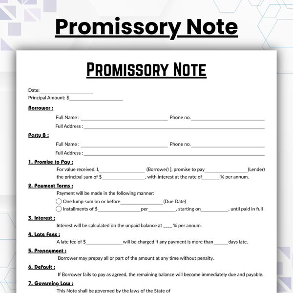 Promissory Note Template - Etsy