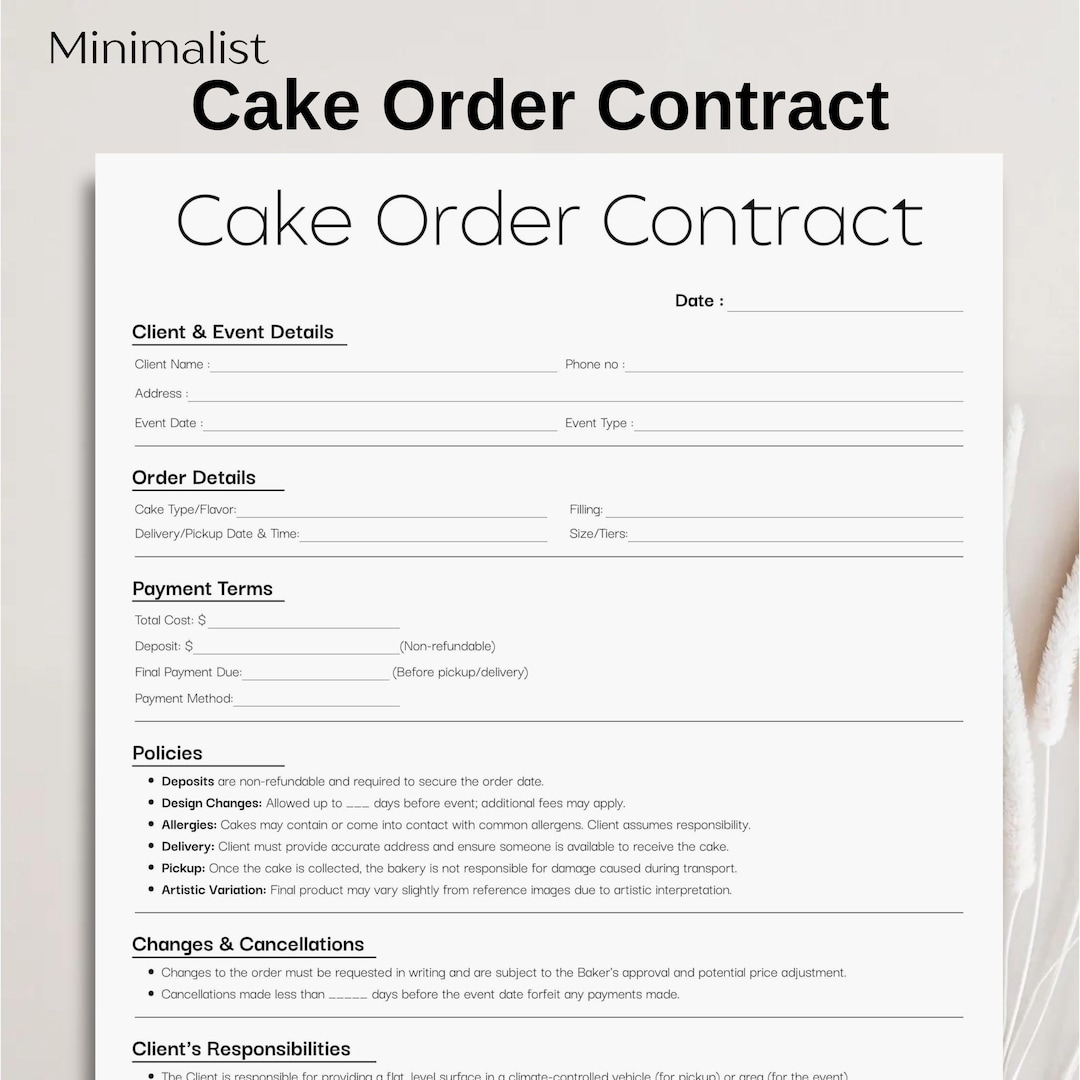 Minimalist Cake Order Contract Template, Simple Editable Birthday Cake ...