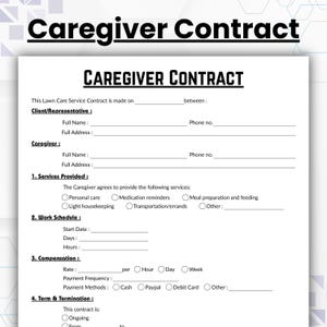 Editable Caregiver Contract Template, Single Page Homecare Agreement, Printable Nanny Contract Form, Elder Care Contract, Baby Sitter PDF