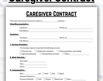 Editable Caregiver Contract Template, Single Page Homecare Agreement, Printable Nanny Contract Form, Elder Care Contract, Baby Sitter PDF
