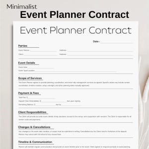 Puede incluir: Un modelo de contrato de planificador de eventos minimalista con el título "Event Planner Contract" en negrita. El documento incluye secciones para las partes, los detalles del evento, el alcance de los servicios, el pago, las responsabilidades del cliente y el cronograma.