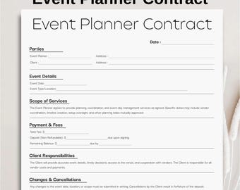 May include: A minimalist event planner contract template with the title "Event Planner Contract" in a bold, sans-serif font. The document includes sections for parties, event details, scope of services, payment, client responsibilities, changes, and timeline.