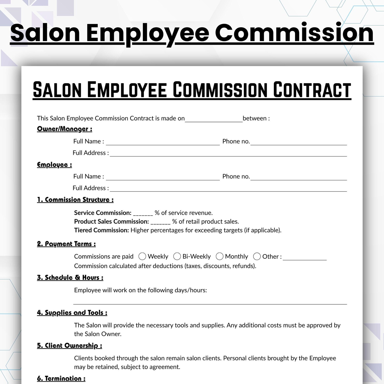 Editable Salon Employee Commission Contract Template, Single Page Hair ...