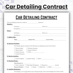 Op de afbeelding: Een wit Car Detailing Contract formulier met zwarte tekst. Het formulier bevat secties voor detaildiensten, voertuiginformatie, betalingsvoorwaarden en een disclaimer. De titel "Car Detailing Contract" staat prominent bovenaan.