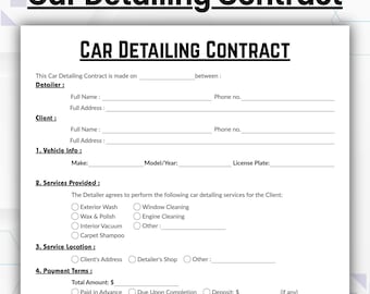 Editable Car Detailing Contract Template, Single Detailing Service Terms Form, Printable Auto Vehicle Detailing Agreement, Instant PDF