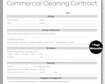 Contrat de nettoyage commercial minimaliste, modèle de formulaire d'accord de nettoyage simple, téléchargement immédiat de services de conciergerie pour agents immobiliers modifiables imprimables