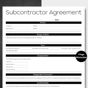 Minimalist Subcontractor Agreement Black, Simple Job Subcontractor, Printable Subcontractor Contract Form, Canva Editable General Contractor