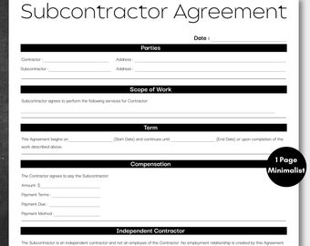 Minimalist Subcontractor Agreement Black, Simple Job Subcontractor, Printable Subcontractor Contract Form, Canva Editable General Contractor