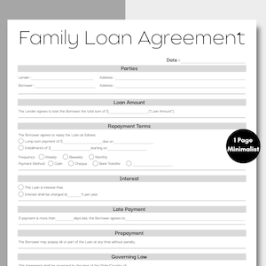 May include: A minimalist, one-page Family Loan Agreement template. The document includes sections for parties, loan amount, repayment terms, interest, late payment, prepayment, and governing law. The text is in black on a white background.