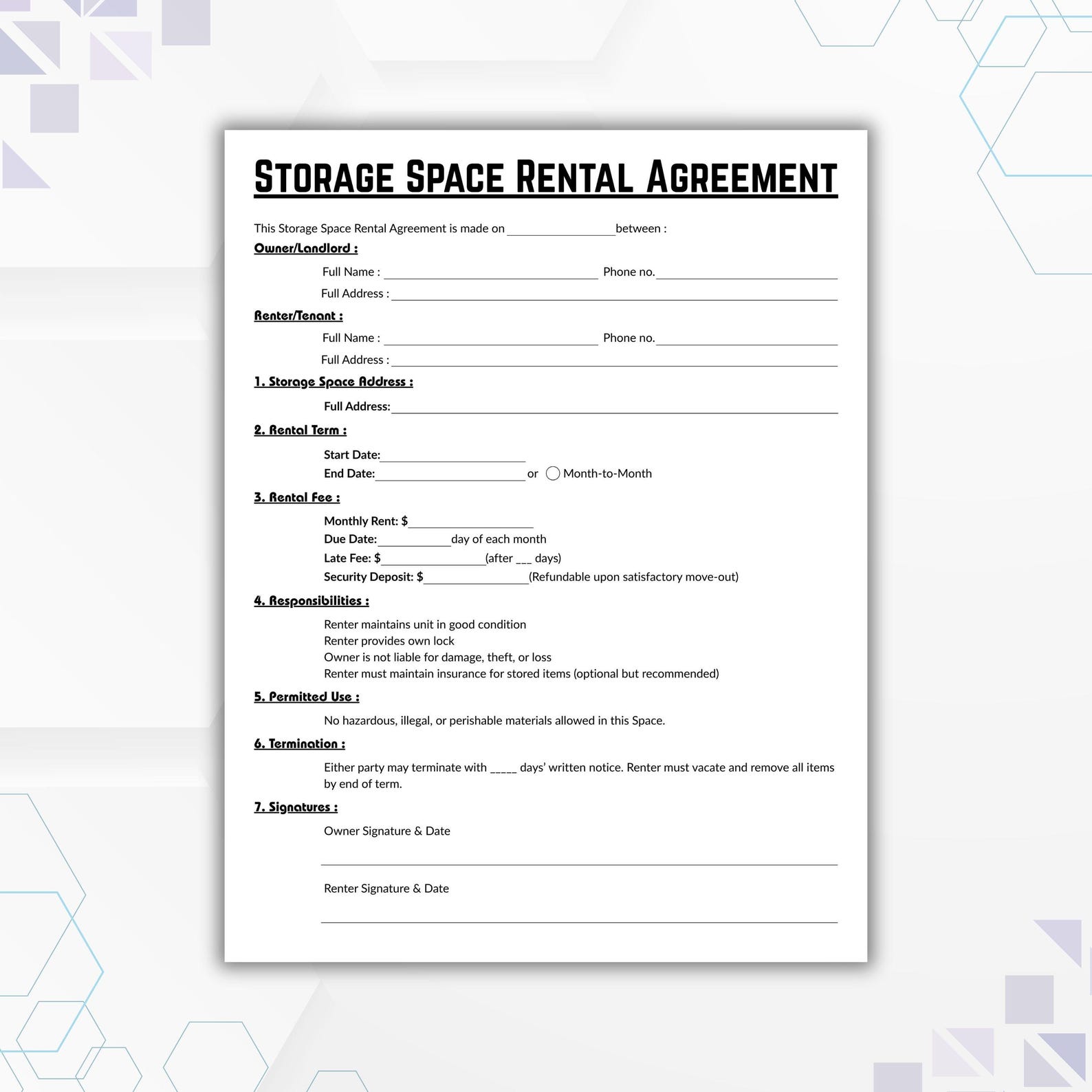 Example Storage Contract Cubesmart Editable Storage Space Rental Agreement, Simple Contractor Storage Form ...