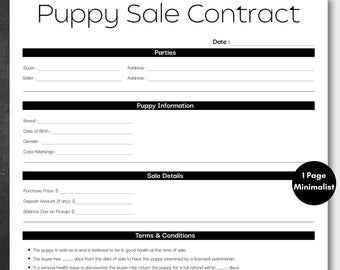 Minimalist Puppy Sales Agreement Black, Simple Dog Sale Form Template, Printable Puppy Deposit Contract, Editable Puppy Purchase Agreement