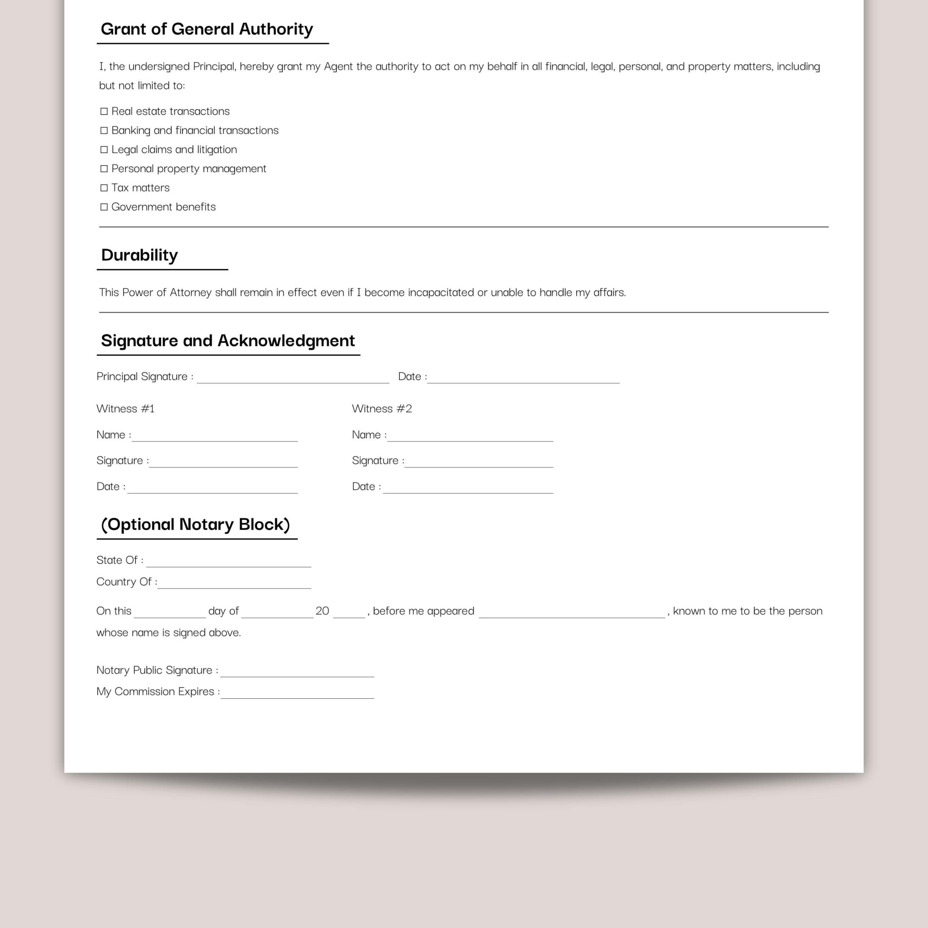 Minimalist Durable Power of Attorney Template, Simple Durable Financial ...