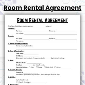 Editable Room Rental Agreement Template, Single Page Room Tenancy Agreement, Printable Roommate Room Rental Agreement, Room Rental Contract