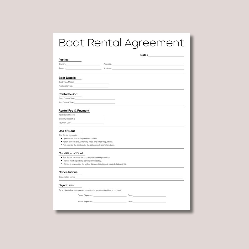 Minimalist Boat Rental Agreement Template, Simple Editable Yacht Rental ...