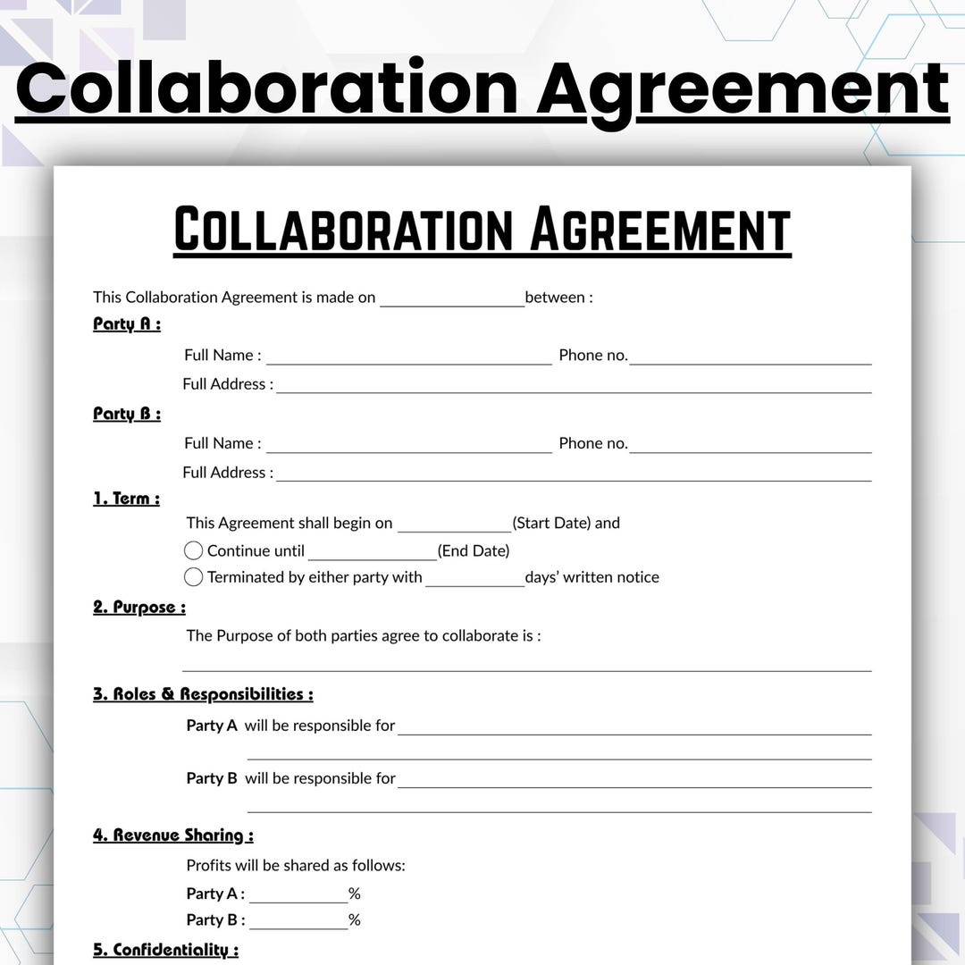 Editable Collaboration Agreement Template, Single Page Business ...