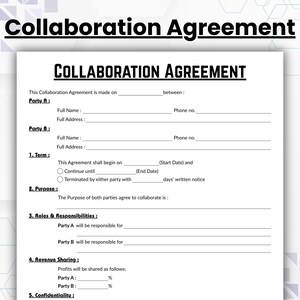 Editable Collaboration Agreement Template, Single Page Business Partnership Contract Form, Printable Joint Ventures Influencer Collaboration