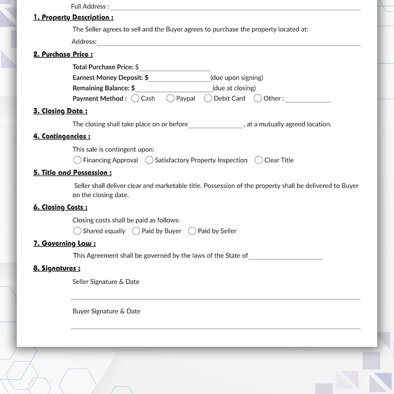 Editable Real Estate Sale Contract Template, Single Page Purchase ...