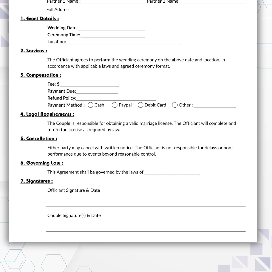 Editable Wedding Officiant Agreement, Simple Ceremony Contract Template