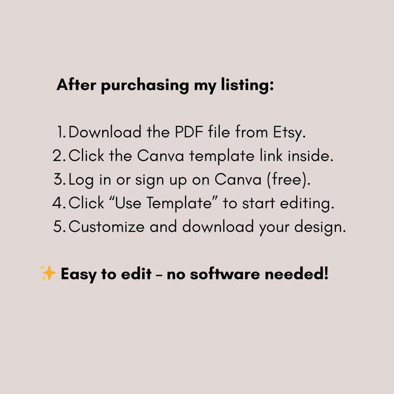 K&ouml;nnte beinhalten: Beige Grafik mit Anweisungen nach dem Kauf, einschlie&szlig;lich des Herunterladens einer PDF-Datei und der Verwendung von Canva zur Bearbeitung. Der Text endet mit "Einfach zu bearbeiten - keine Software erforderlich!"