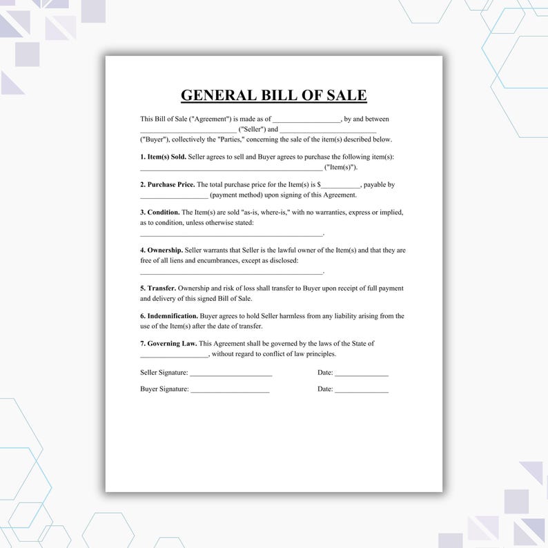 General Contract Example Editable General Bill of Sale Template, Printable Customizable Bill of ...