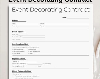 Minimalist Event Decorating Agreement, Simple Editable Event Planning Service, Printable Party Decor Rental Contract Instant Download