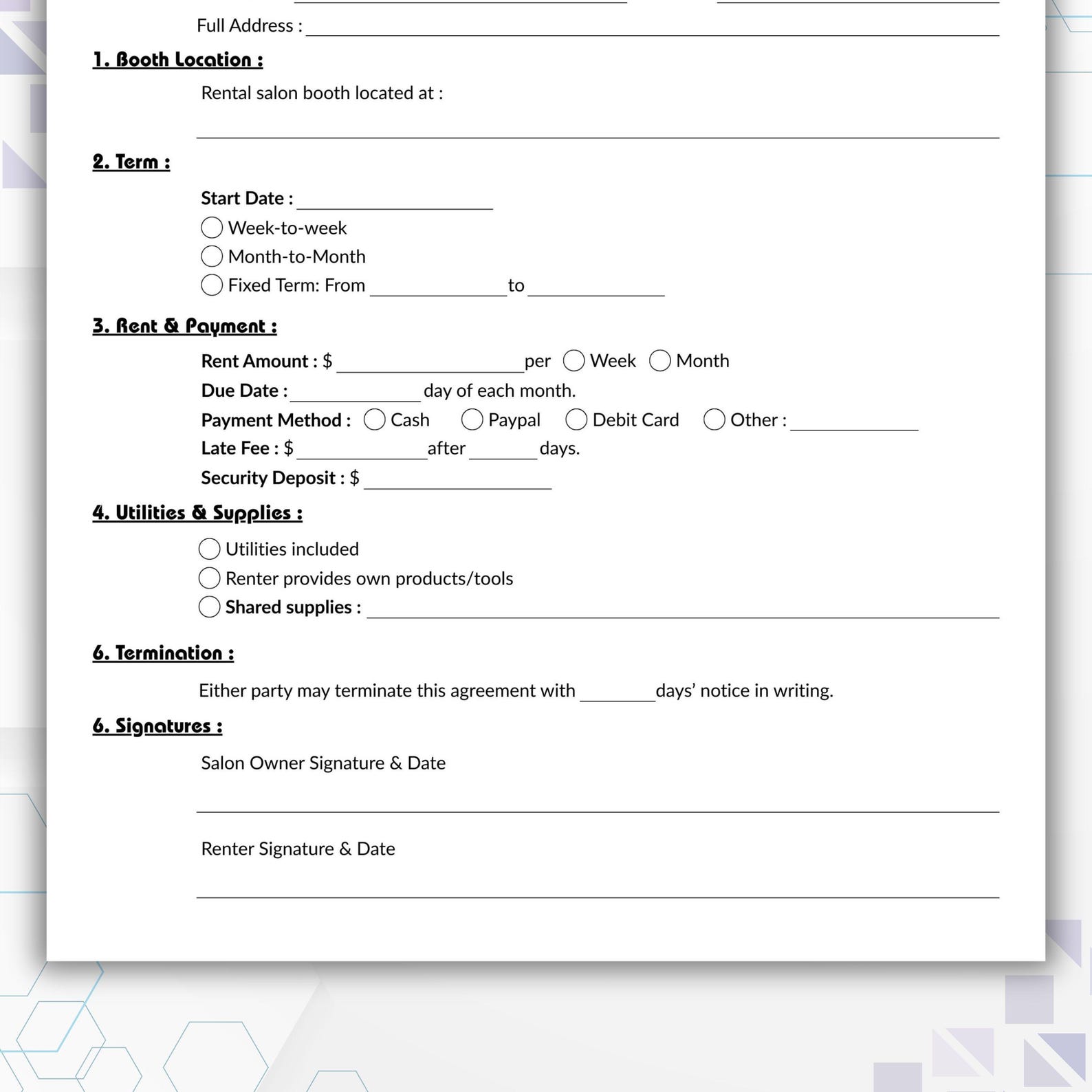 Editable Salon Booth Rental Agreement Template, Single Page Booth ...