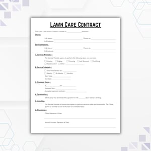 Pu&ograve; includere: Un modello di contratto di manutenzione del prato in bianco e nero con sezioni per le informazioni del cliente e del fornitore di servizi, i servizi forniti, il programma dei servizi, i termini di pagamento, la risoluzione, la responsabilit&agrave; e le firme.