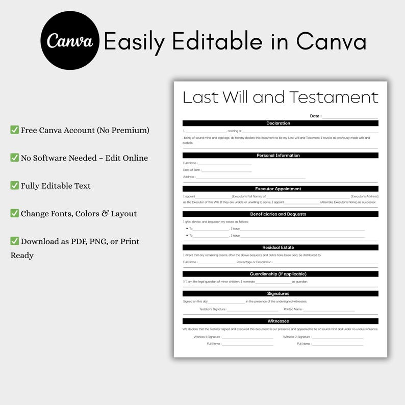 Minimalist Last Will and Testament Black, Simple Testament Form ...