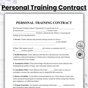 Könnte beinhalten: Ein weißes Dokument mit dem Titel Personal Training Contract in schwarzer Schrift. Es enthält Abschnitte zu Dienstleistungen, Gebühren, Gesundheitsangaben, Risiken, Stornierung, Haftung und Ablauf. Ein 1-Seiten-Symbol ist sichtbar.