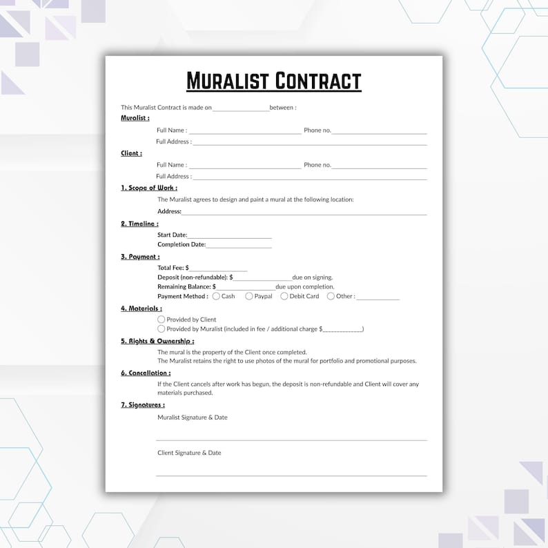 Editable Muralist Contract, Simple Mural Services Form Template ...
