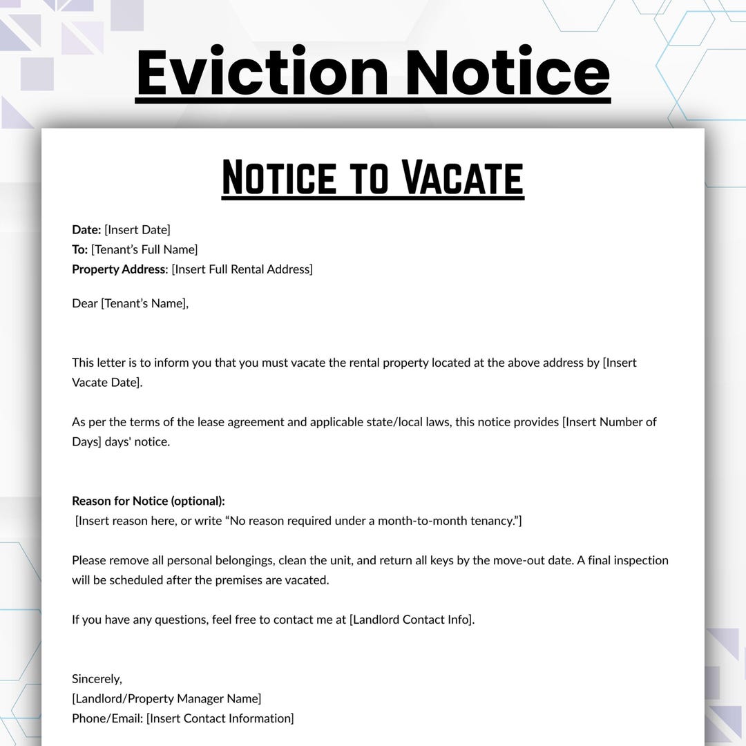 Editable Eviction Notice Template, Single Page Notice to Vacate ...