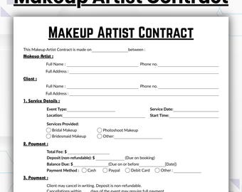 Editable Makeup Artist Contract Template, Single Makeup Agreement Form, Printable Bridal Makeup Service Contract, MUA Contract Canva