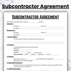 Editable Subcontractor Agreement Template, Single Page Subcontractor Contract Form, Printable Job Subcontractor, General Contractor, Canva