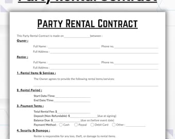 Editable Party Rental Contract, Simple Salon Party Rental Agreement Form Template, Printable Party Planning Rental, Instant Digital Download