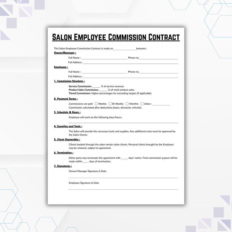 Editable Salon Employee Commission Contract Template, Single Page Hair ...