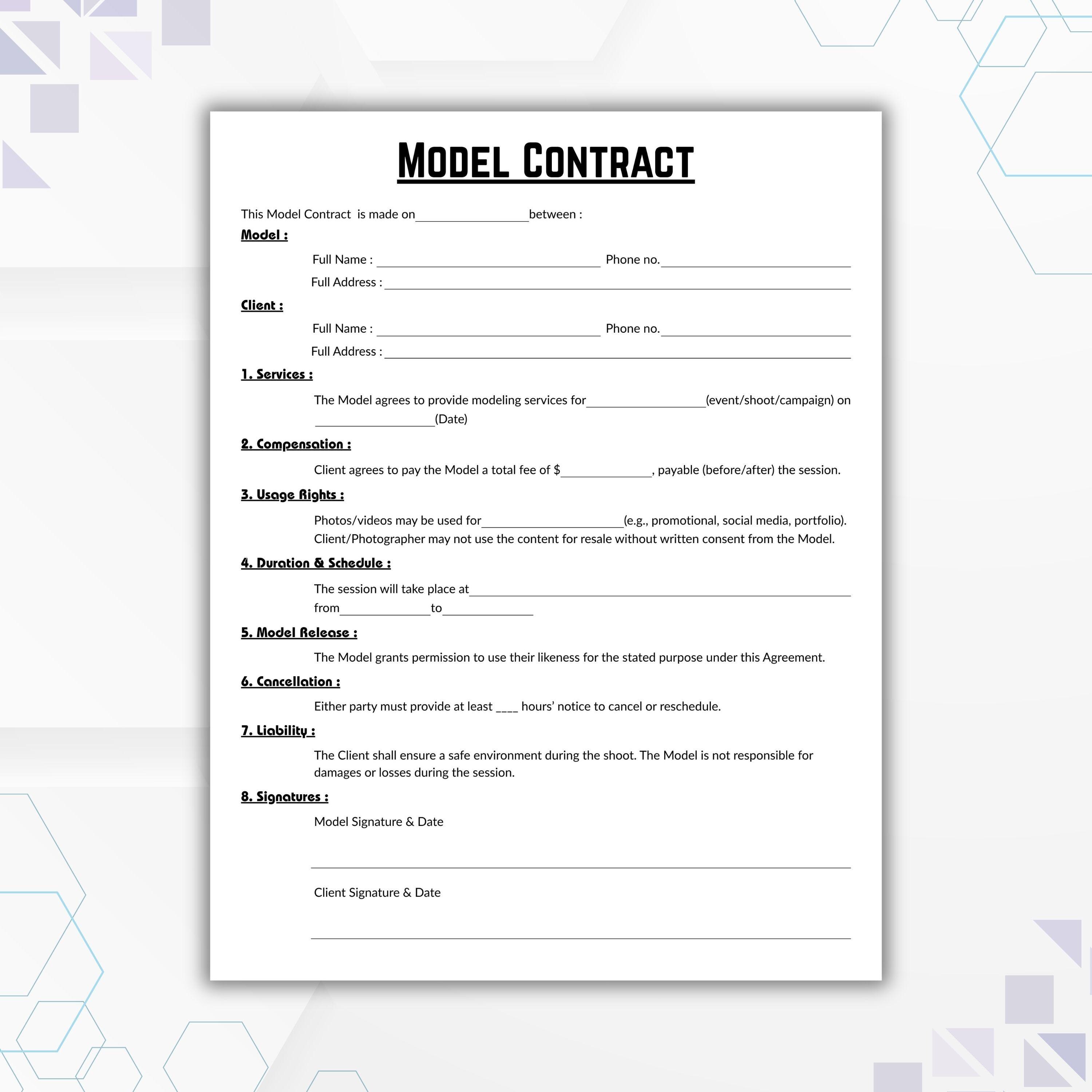 Editable Model Contract, Simple Modeling Services Form Template ...