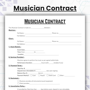 Editable Musician Contract Template, Single Page Musician Collaboration Form, Printable Agreement for Musicians, Gig Contract Partnership