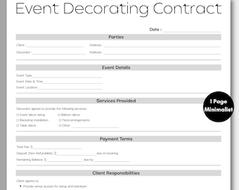 Minimalist Event Decorating Agreement, Simple Event Planning Service, Printable Editable Party Decor Rental Agreement Instant Download