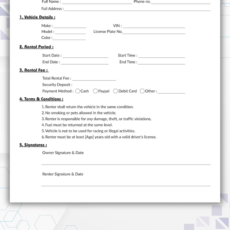 Editable Car Rental Agreement Template, Single Page Car Rental Contract ...