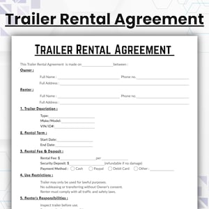 Puede incluir: Un formulario blanco de contrato de alquiler de remolque con texto negro. El documento incluye secciones para la información del propietario y del inquilino, la descripción del remolque, los términos del alquiler, las tarifas y las restricciones de uso. El título "Trailer Rental Agreement" se muestra de forma destacada.