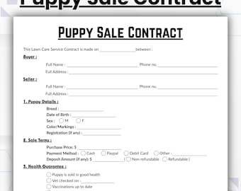 Editable Puppy Sales Contract Template, Single Page Puppy Deposit Contract, Printable Puppy Sale Agreement, Puppy Purchase Agreement