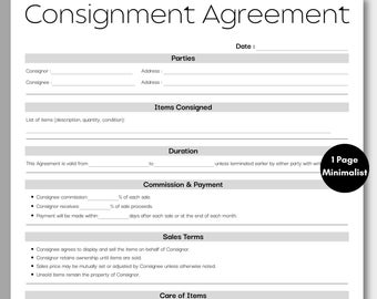 Minimalist Consignment Agreement, Simple Consignment Contract Form Template, Printable Editable Reseller Agreement Instant Download
