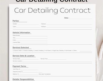 Minimalist Car Detailing Contract Template, Simple Editable Auto Detailing Agreement, Printable Detailing Service Term Form Instant Download